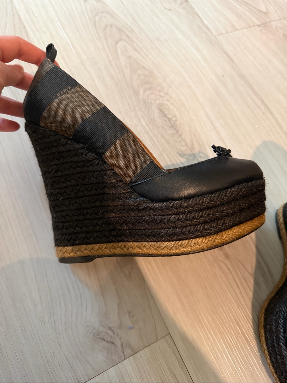 Fendi Black Leather Peep-Toe Platform Espadrille Wedges - Picture 5 of 6